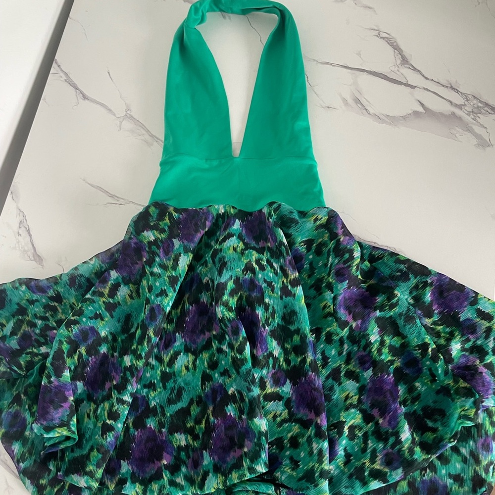 Vibrant Green and Purple Halter Mini Dress